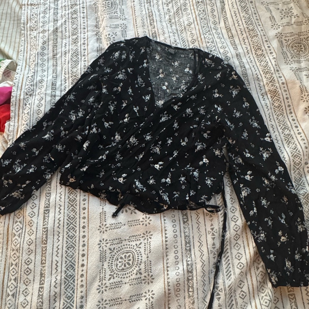Floral Black Wrap Top